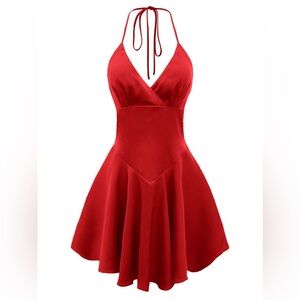 SHEIN size medium red MOD Dopamine Dress Lace Up Backless Flare Hem Halter